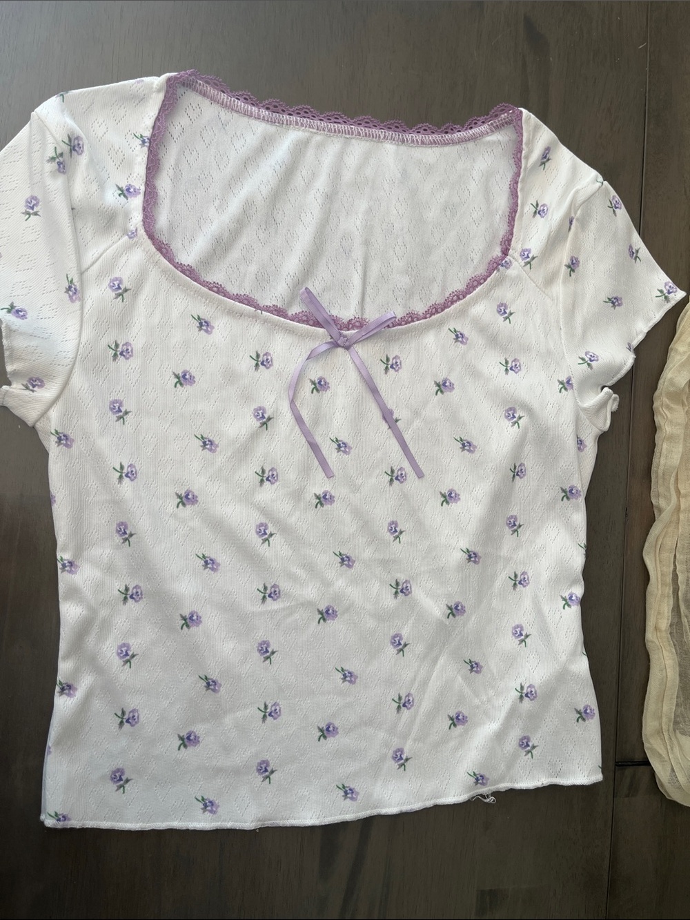 Primark White Top with Lavender Floral Print and Lace Trim